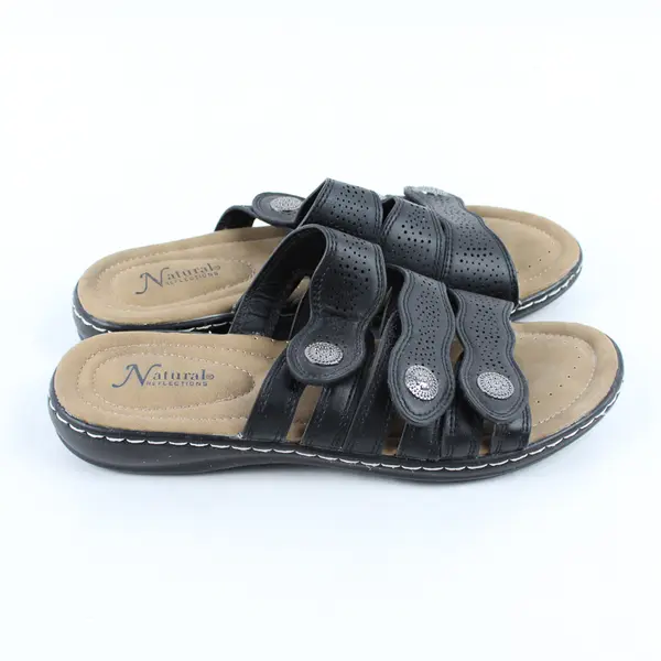 Natural Reflections Black/Beige Cami ll Wedge Sandals Silver Hardware Women's 9