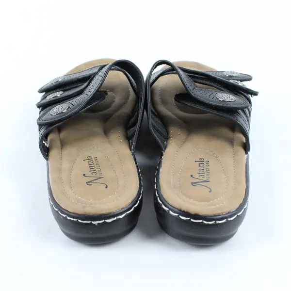 Natural Reflections Black/Beige Cami ll Wedge Sandals Silver Hardware Women's 9