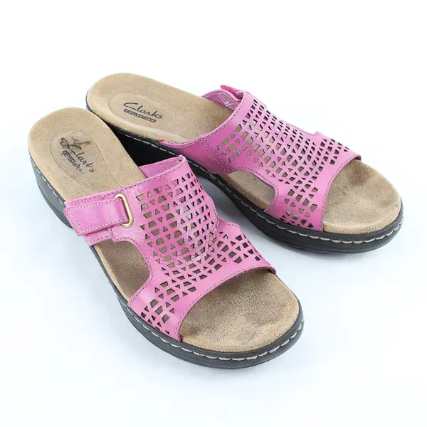 Clarks Pink Leather Uppers Hayla Samoa Wedge Slip On Sandal Women's 8.5