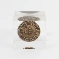 Durham Bates Insurance Bronze Token In Lucite Paperweight