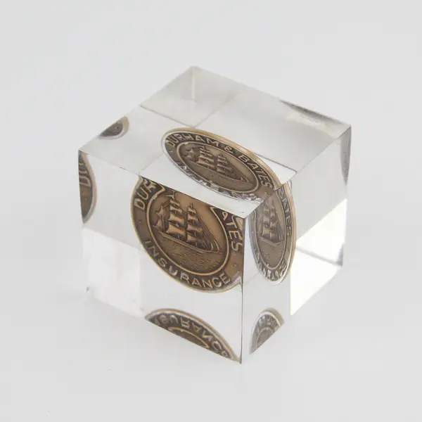Durham Bates Insurance Bronze Token In Lucite Paperweight