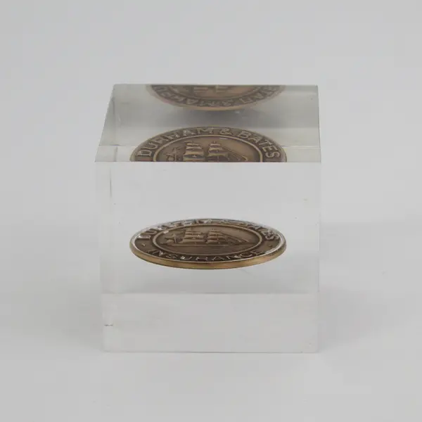 Durham Bates Insurance Bronze Token In Lucite Paperweight