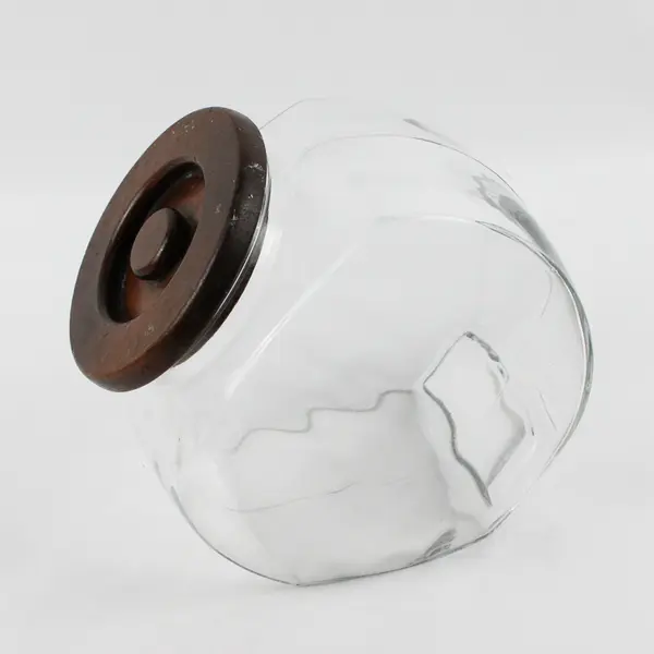 VTG Mid Century Modern Teak Lid Clear Glass Cookie Jar