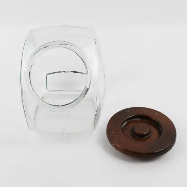 VTG Mid Century Modern Teak Lid Clear Glass Cookie Jar