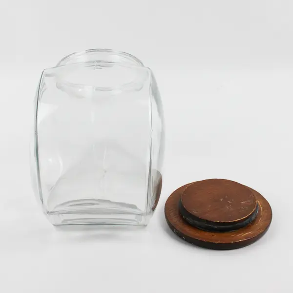 VTG Mid Century Modern Teak Lid Clear Glass Cookie Jar