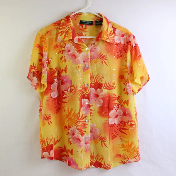 Lemon Grass Studio Sheer Yellow Orange & Pink Tropical Button-Up Women's XL