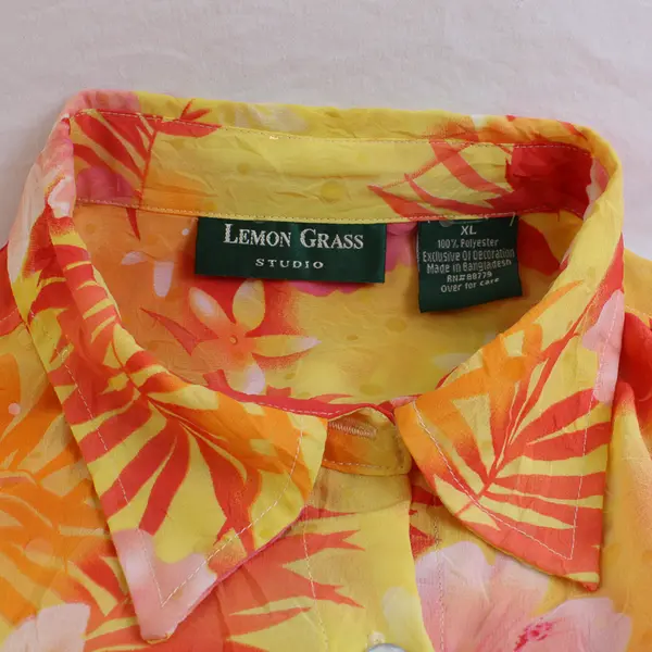 Lemon Grass Studio Sheer Yellow Orange & Pink Tropical Button-Up Women's XL