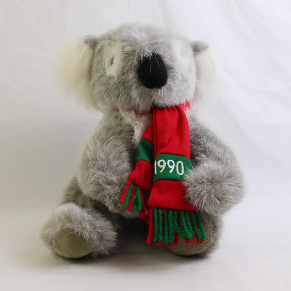 Vintage 1990 Koala Bear Plush Stuffed Animal Grey White Red Green Scarf