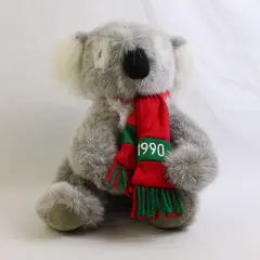 Vintage 1990 Koala Bear Plush Stuffed Animal Grey White Red Green Scarf