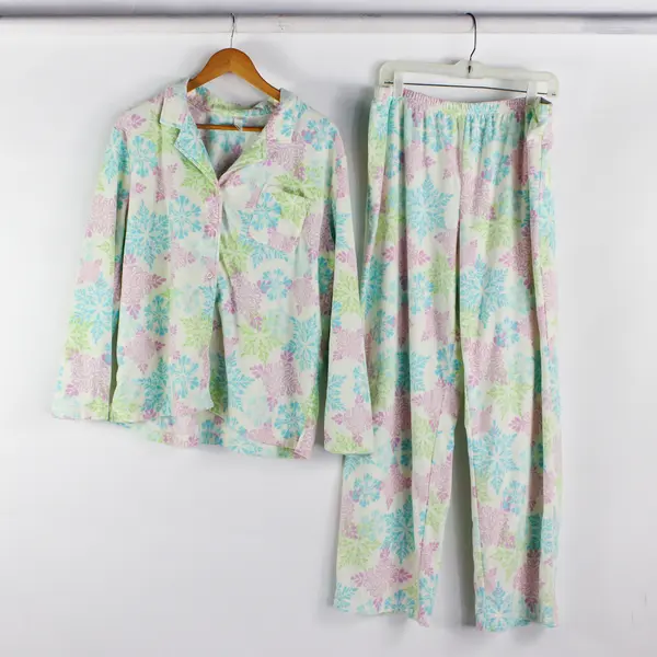 Pink K Multicolor Snowflake Pattern Fleece Pajama Set Women's Size XL