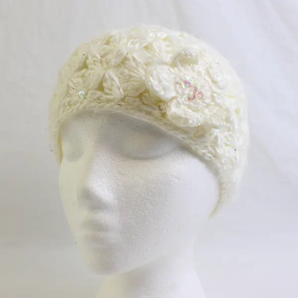 Candie's Knit Beanie White Sequined Floral Women's M/L