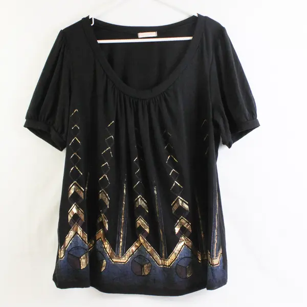 One Clothing Metallic Graphic Black Short-Sleeved Scoop Neck Top Women's  XL