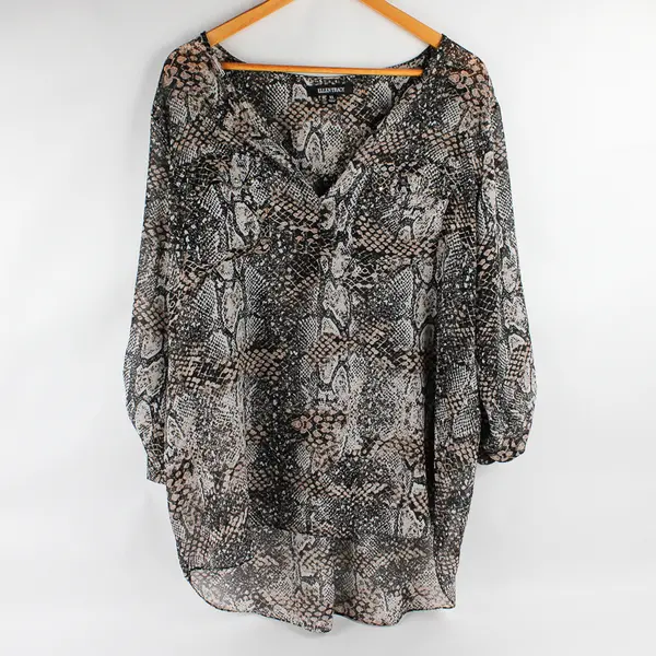 Ellen Tracy Sheer Snakeskin Print Roll-Tab Sleeve Blouse Women's XL