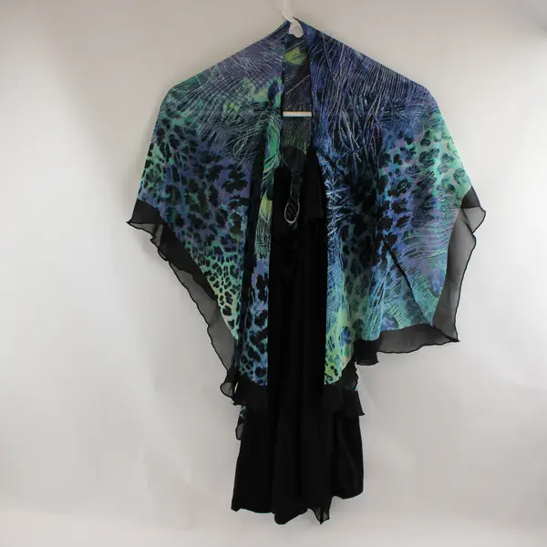 B.L.E.U. Peacock Feather Animal Print Layered Poncho Blouse Women's XL