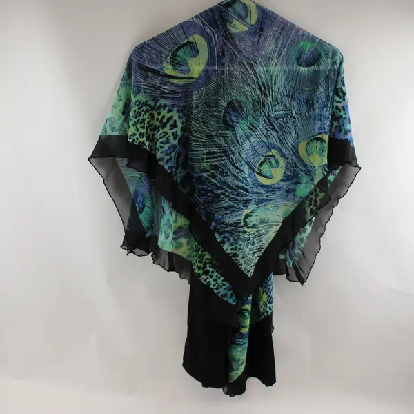 B.L.E.U. Peacock Feather Animal Print Layered Poncho Blouse Women's XL