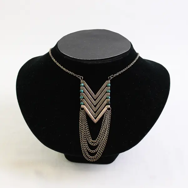 Silver-Tone Chevron Arrow Turquoise Accent  Pendant Necklace 20.5" Adjustable
