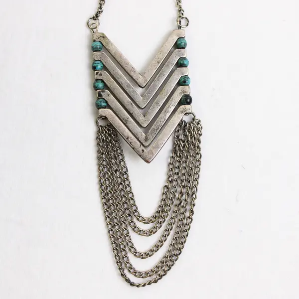 Silver-Tone Chevron Arrow Turquoise Accent  Pendant Necklace 20.5" Adjustable