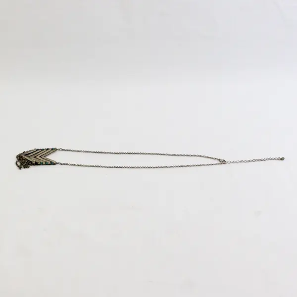 Silver-Tone Chevron Arrow Turquoise Accent  Pendant Necklace 20.5" Adjustable