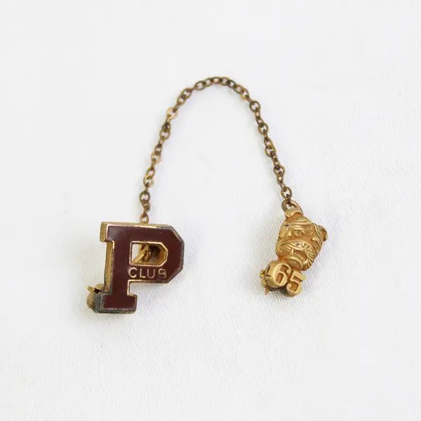 1965 Vintage P Club Brass Enamel Lapel Pins With Chain Attached Bear Cub 65 Pin