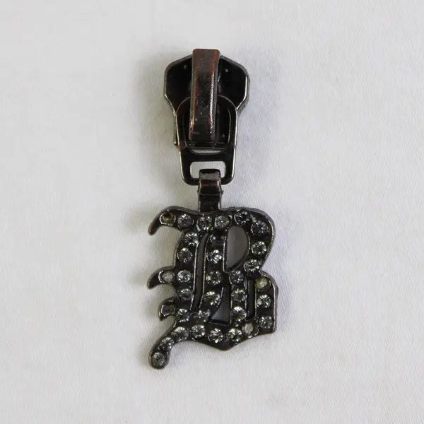 Initial Letter B Charm Zipper Pull Silver Tone Encrusted Rhinestones