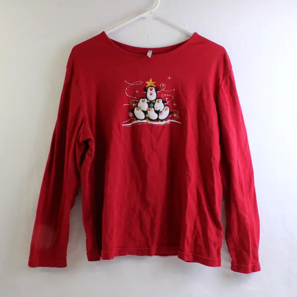 White Stag Embroidered Beaded Penguin Red Long-Sleeved Shirt Women's XL