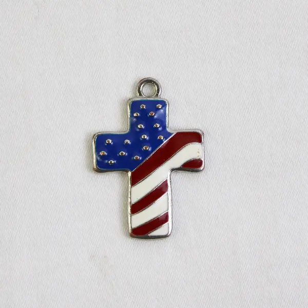 American Flag Cross Pendant Religious Faith USA Red White Blue Enamel