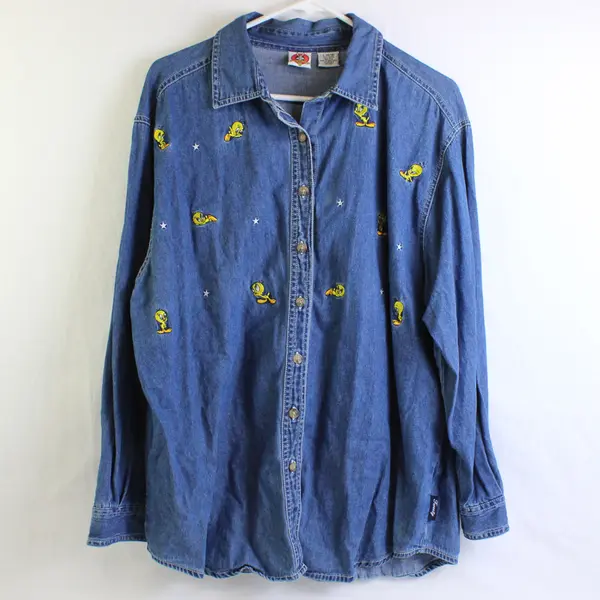 Jerry Leigh Embroidered Tweety Bird Denim Button-Up Women's Large 14-16 FLAWED