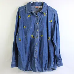 Jerry Leigh Embroidered Tweety Bird Denim Button-Up Women's Large 14-16 FLAWED