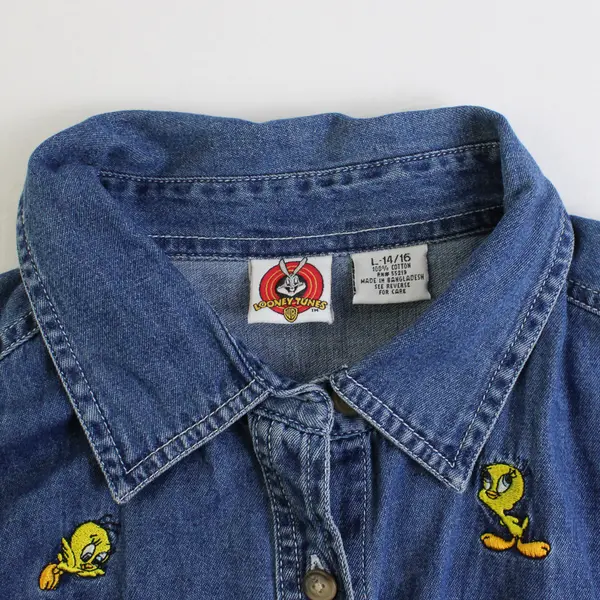Jerry Leigh Embroidered Tweety Bird Denim Button-Up Women's Large 14-16 FLAWED