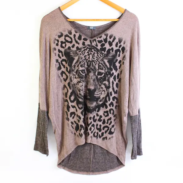 Siva Seventy Deluxe Brown Leopard Graphic V-Neck Sweatshirt Women's Large