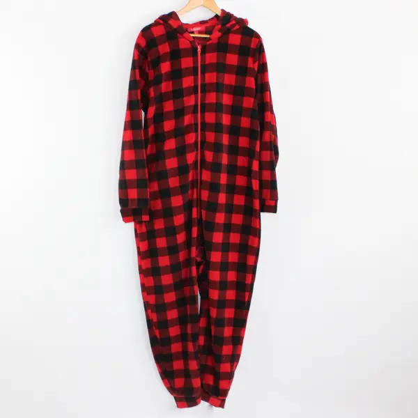Holiday Home Red and Black Buffalo Check Fleece Pajama One Piece Women's XL