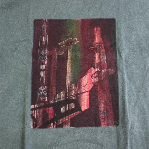 NWOT Vtg Oneita Adult S Dark Green Totem Pole Graphic Short Sleeve T-Shirt