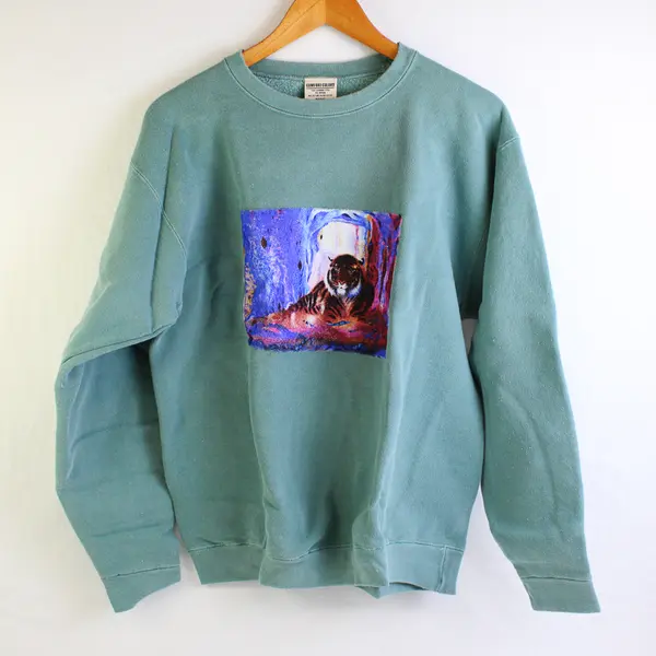 NWOT Vtg Comfort Colors Adult S Teal Tiger Graphic Crew Neck Pullover Sweater