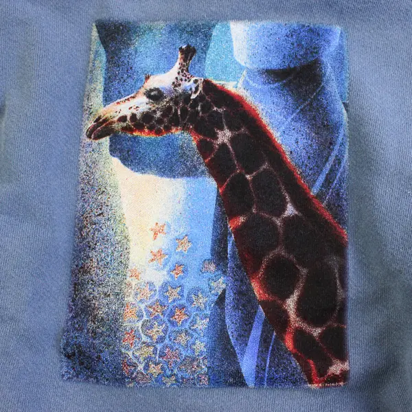 NWOT Vtg Oneita Adult M Blue Giraffe Graphic Crew Neck Pullover Sweater
