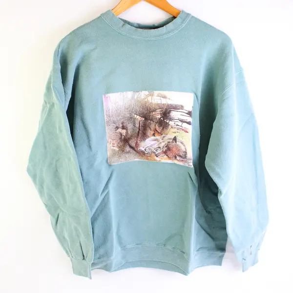 NWOT Vtg Oneita Adult M Green Sleeping Wolf Graphic Crew Neck Pullover Sweater