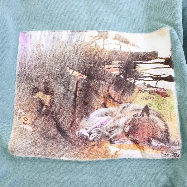 NWOT Vtg Oneita Adult M Green Sleeping Wolf Graphic Crew Neck Pullover Sweater