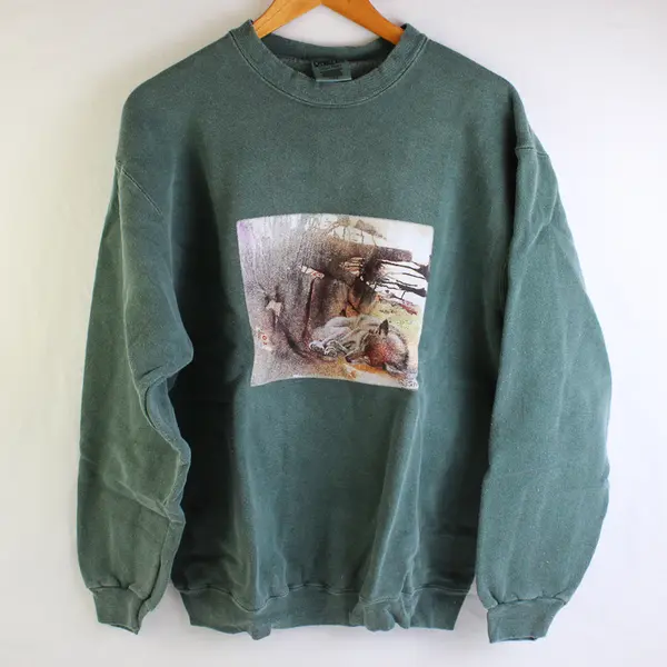 NWOT Vtg Oneita Adult M Dark Green Sleeping Wolf Graphic Pullover Sweater