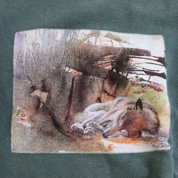 NWOT Vtg Oneita Adult M Dark Green Sleeping Wolf Graphic Pullover Sweater