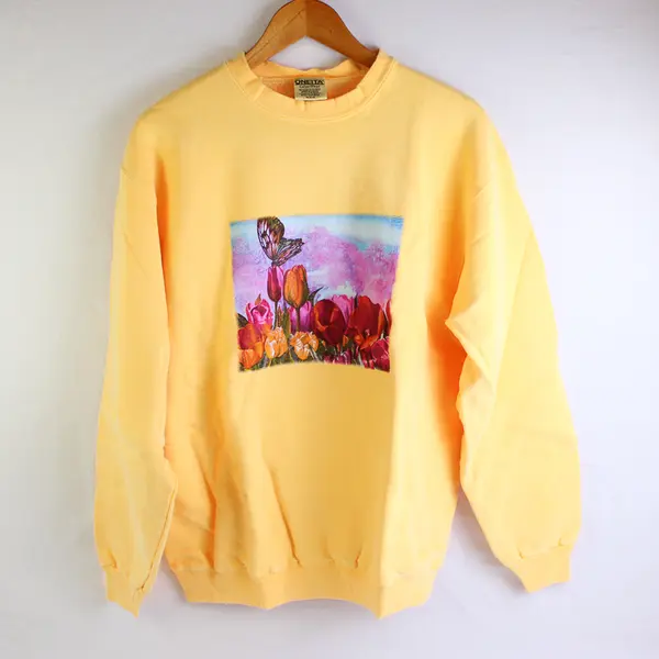 NWOT Vtg Oneita Adult M Yellow Floral Graphic Crew Neck Pullover Sweater