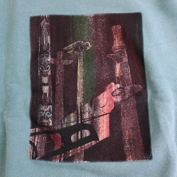 NWOT Vtg Oneita Adult M Green Totem Pole Graphic Crew Neck Pullover Sweater