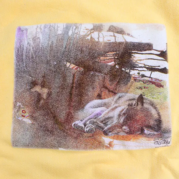 NWOT Vtg Oneita Adult M Yellow Sleeping Wolf Graphic Crew Neck Pullover Sweater