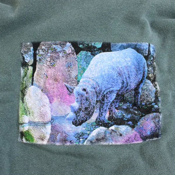 NWOT Vtg Oneita Adult M Green Rhino Graphic Crew Neck Pullover Sweater