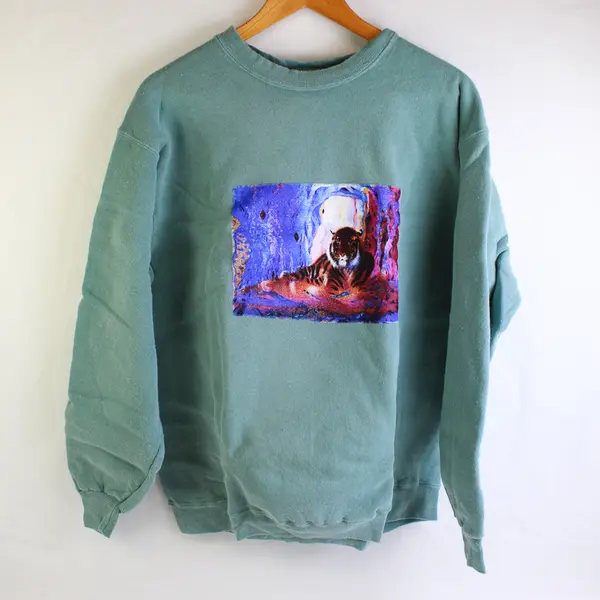 NWOT Vtg Oneita Adult M Teal Tiger Graphic Crew Neck Pullover Sweater