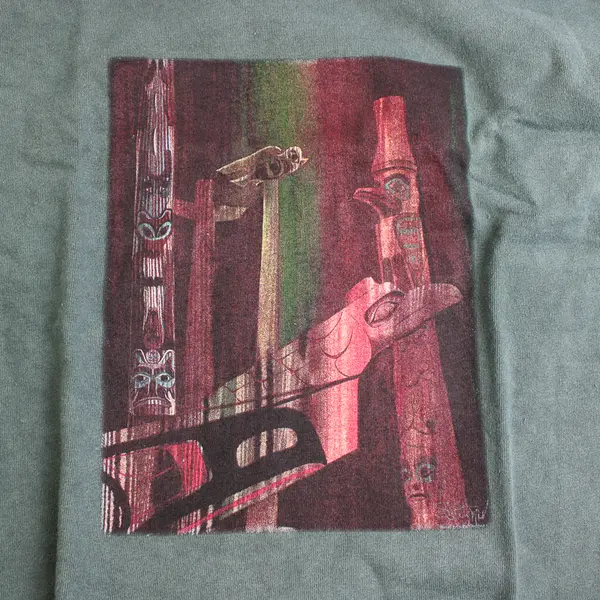 Vtg Oneita Adult L Dark Green Totem Pole Graphic Short Sleeve T-Shirt NWOT