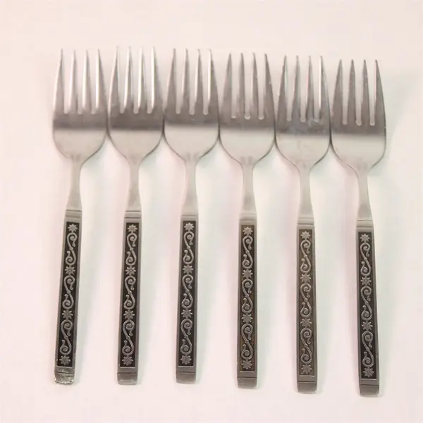 Lot of 6 Oneida Midnight Pattern Stainless Black Accent Salad Forks 6.25" Good