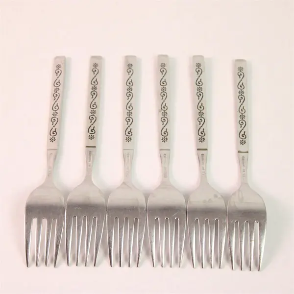 Lot of 6 Oneida Midnight Pattern Stainless Black Accent Salad Forks 6.25" Good