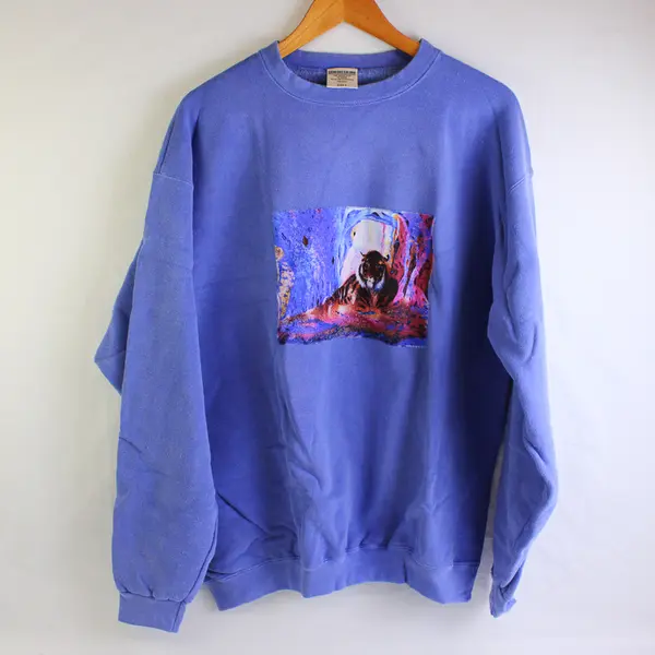 Vtg Comfort Colors Adult L Lilac Tiger Graphic Crew Neck Pullover Sweater NWOT
