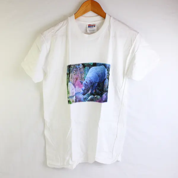 NWOT Vtg Hanes Beefy-T Youth L (14-16) White Rhino Graphic Short Sleeve T-Shirt