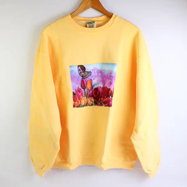NWOT Vtg Oneita Adult L Yellow Floral Graphic Crew Neck Pullover Sweater