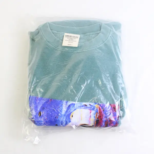 NWOT Vtg Comfort Colors Adult L Teal Tiger Graphic Crew Neck Pullover Sweater